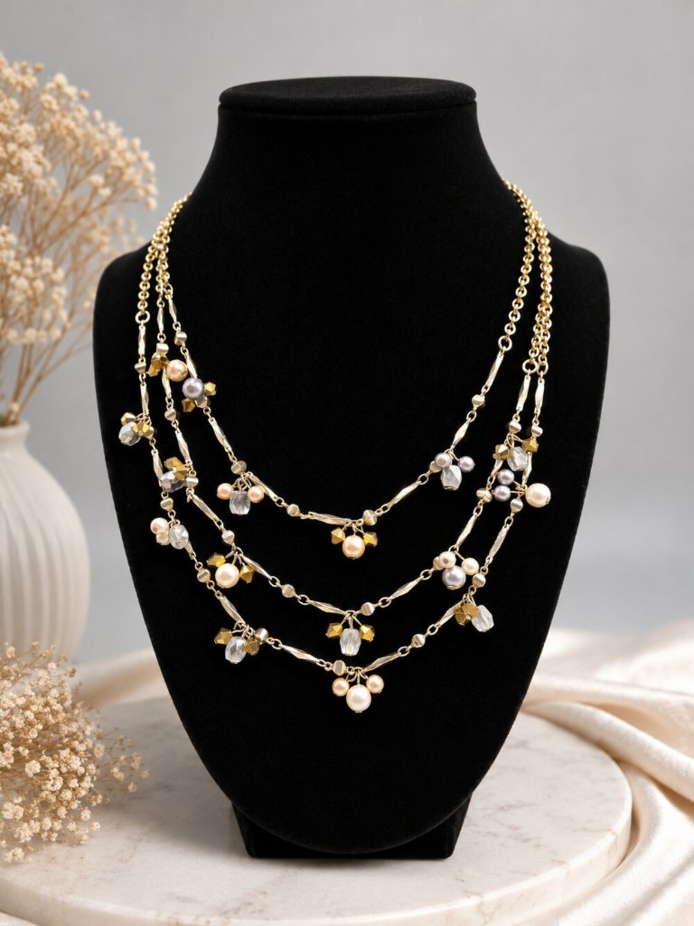Layered Gold Tone Pearl Beaded Necklace Boho Glam 10' EUC